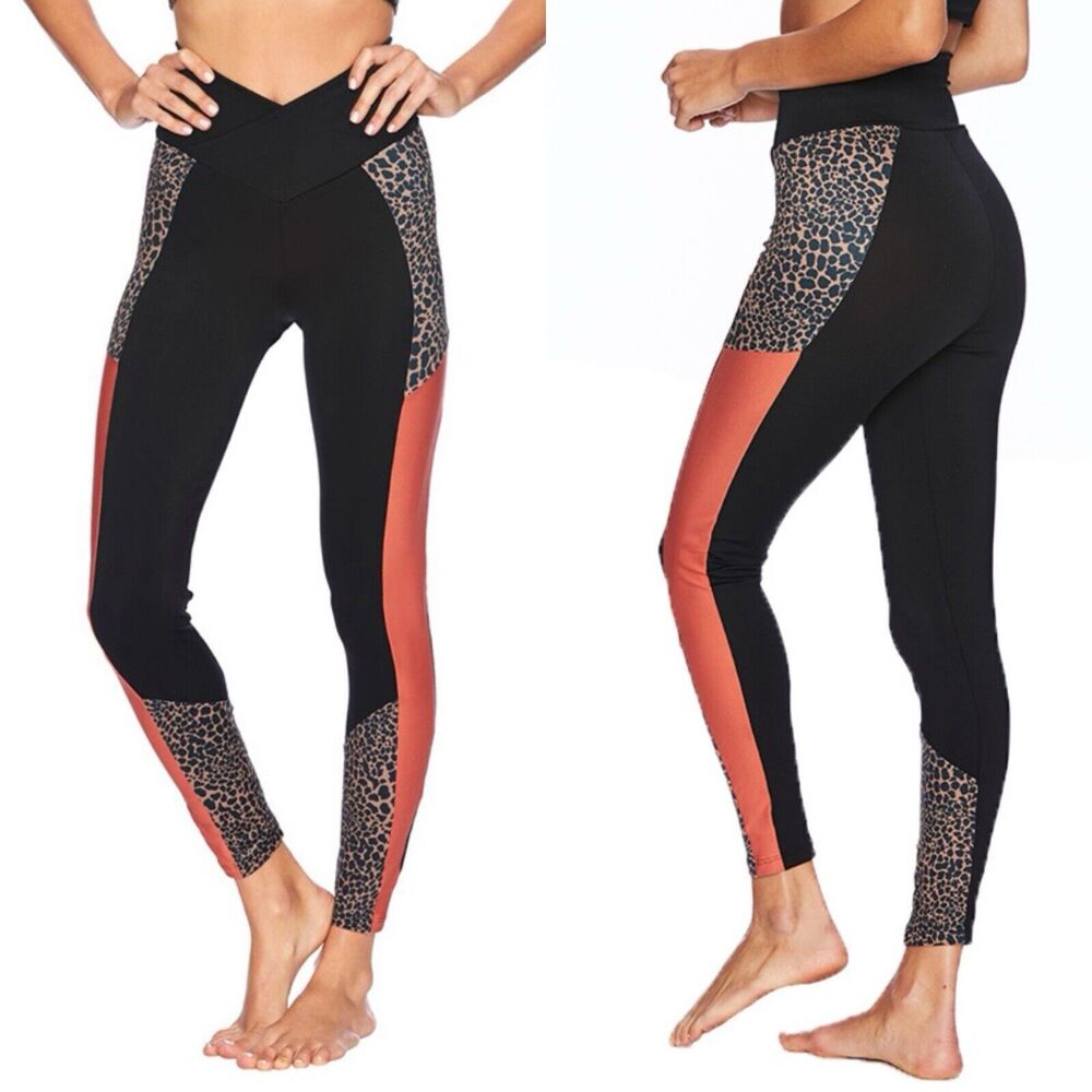 Beach Riot Sport Tori Leopard Colorblock High Rise Crossover Waist Leggings L